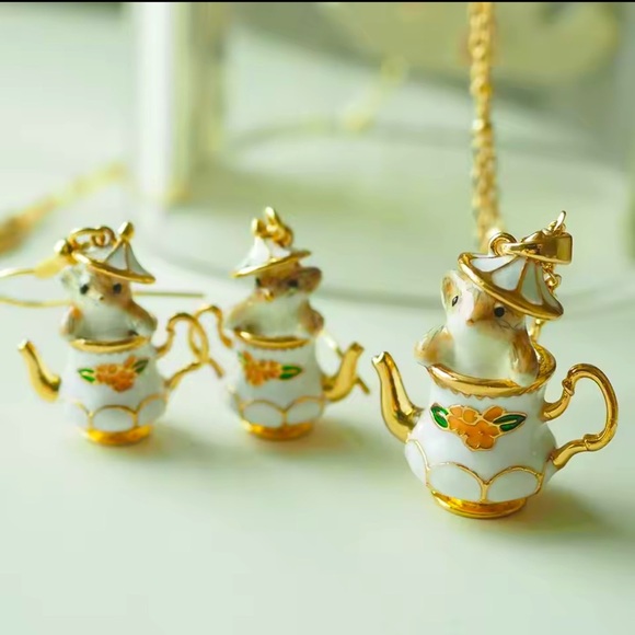 TeaCup necklace and earrings set Chipmunk Earrings Necklaces Handmade - Picture 5 of 9